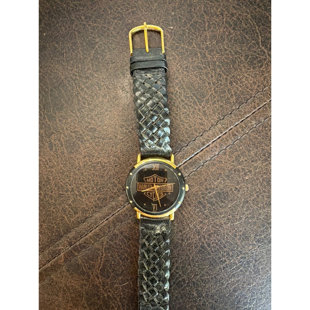 Harley-Davidson Braided Leather Strap Watch OS Black Gold-Tone 1990s